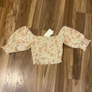 Billabong Cream Pink Smocked Crop Blouse